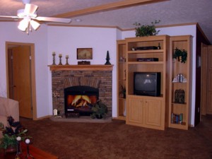 stone fireplace and built in entertainment center