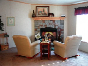 rocking chairs in front of fireplace
