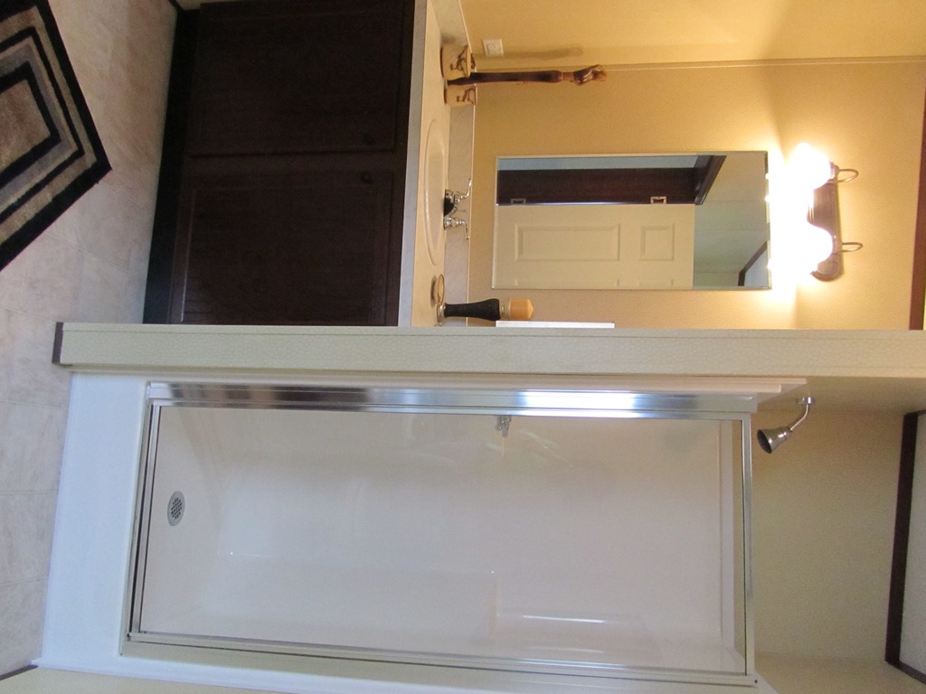 Large sink vanity and walk in shower
